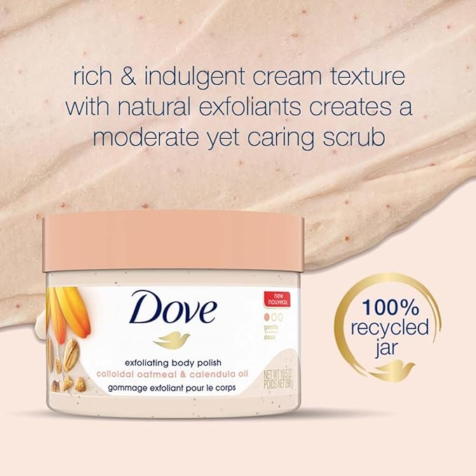 Dove Exfoliating Body Polish Scrub for Silky Skin Oatmeal & Calendula Oil Body Scrub Exfoliates & Gives Lasting Nourishment 10.5 oz