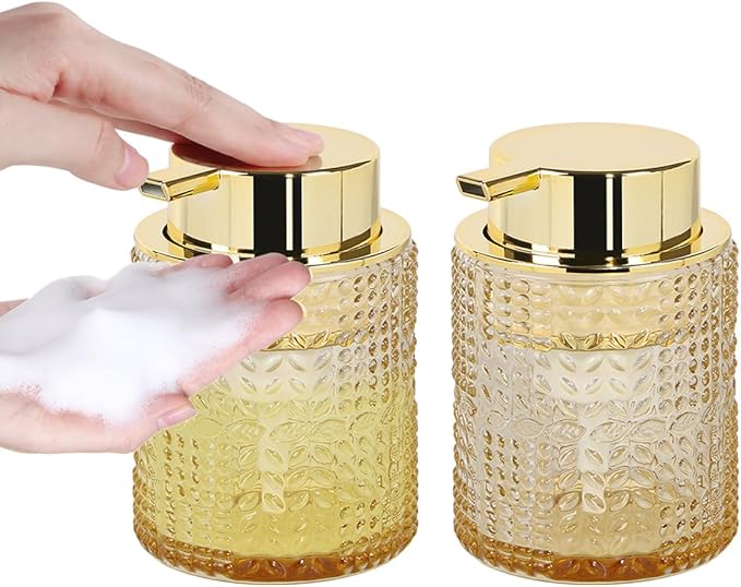 Fvstar Amber Glass Foaming Soap Dispenser, 2pcs Refillable Foam Soap Dispenser with Gold Pump, Glass Lotion Container Bottle for Kitchen and Bathroom Countertop,Wide-Mouthed and Easy to Press