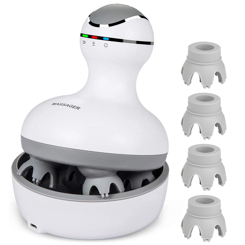 cotsoco Electric Scalp Head & Back Massager, Cordless Hair Massage Waterproof Head Massager with 4 Heads 84 Nodes for Hair Growth, Stress Relief & Deep Clean, Gifts for Men Women, White