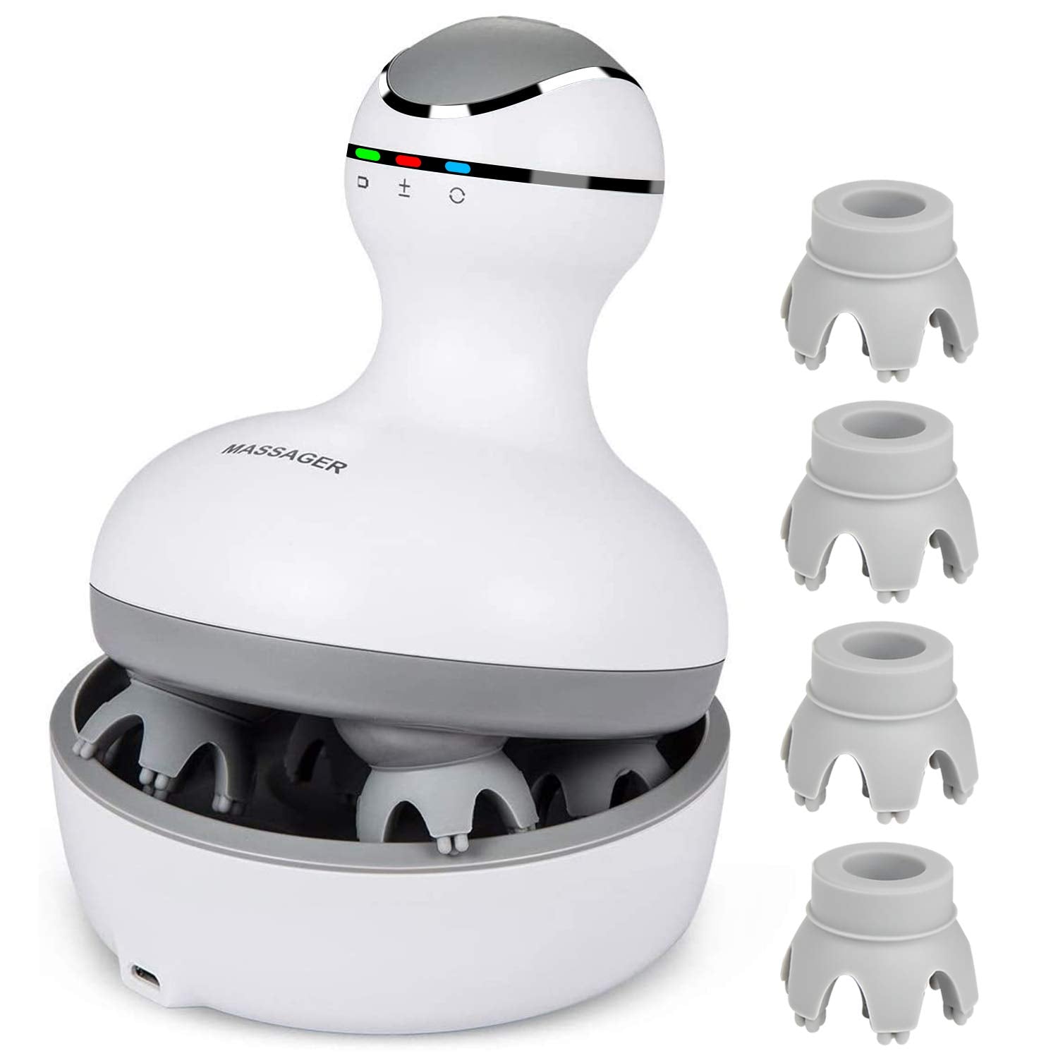 cotsoco Electric Scalp Head & Back Massager, Cordless Hair Massage Waterproof Head Massager with 4 Heads 84 Nodes for Hair Growth, Stress Relief & Deep Clean, Gifts for Men Women, White