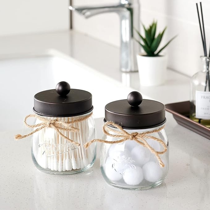 SheeChung 2 Pack Small Mason Jars Qtip Holders, Bathroom Shelf Decor, Guest Bathroom Decor for Cotton Balls, Floss Pick, Cotton Round Pads - Bronze