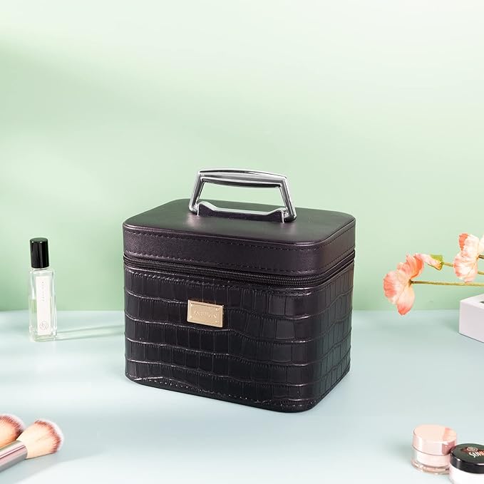 Sluxa Fashion makeup box, Portable leather hard cosmetic case with mirror, Professional train case make up box for women adults. (Black)