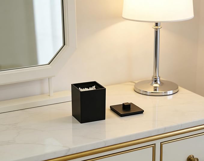 Q-tip Holder Square Cotton Swab Holder with Lid Resin Cotton Ball Canister Jar Cosmetics Makeup Countertop Organizer Containers Canister Apothecary Jar, Matte Black