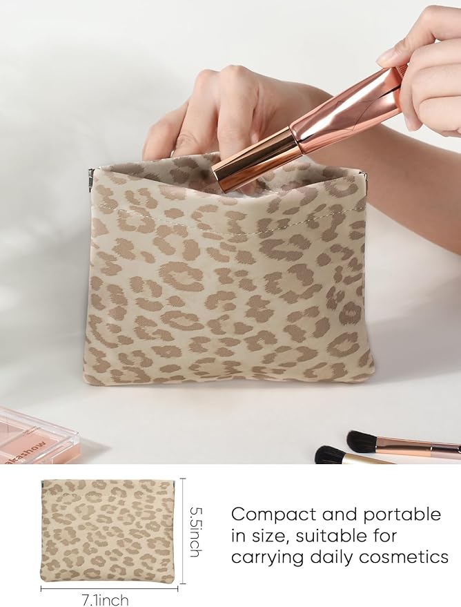Ksriylm Leopard Leather Small Makeup Pouch for Women,Cosmetic Accessories,Waterproof and Portable Cosmetic Bag,Self-closing, No Zipper, Aesthetic Storage Pouch,Lipstick for Purse,Oyster Grey Brown