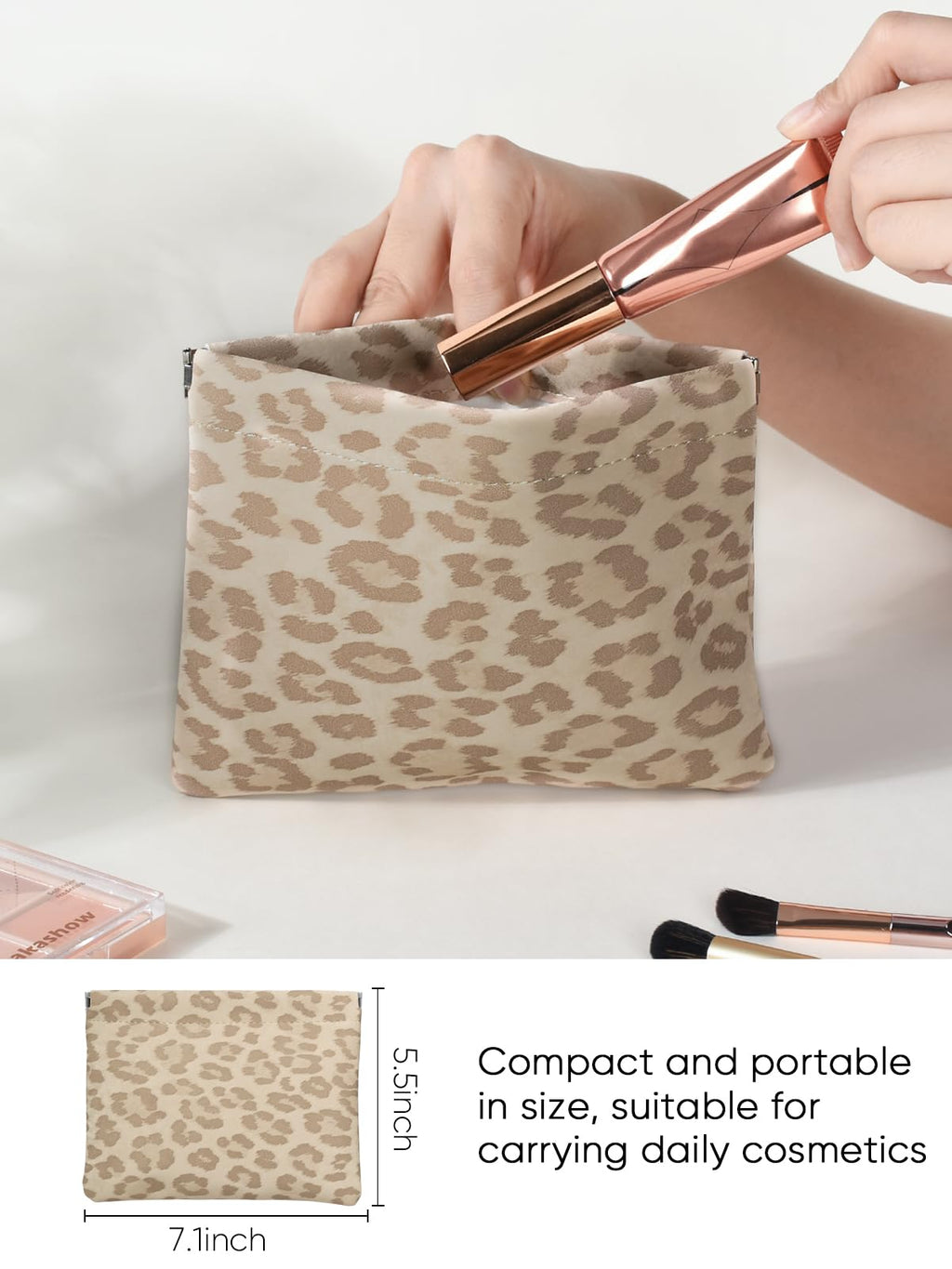 Ksriylm Leopard Leather Small Makeup Pouch for Women,Cosmetic Accessories,Waterproof and Portable Cosmetic Bag,Self-closing, No Zipper, Aesthetic Storage Pouch,Lipstick for Purse,Oyster Grey Brown