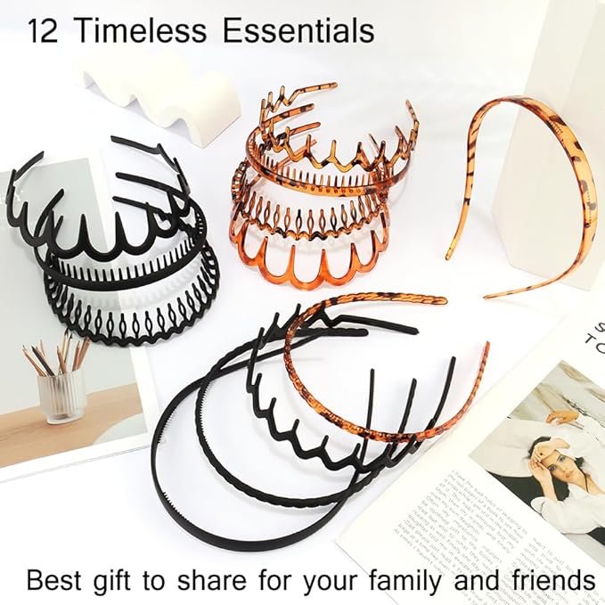 TOBATOBA 12Pcs Fashion Headbands for Women Styles with Teeth Plastic Head Bands for Women's Hair Non Slip Comb Skinny Zig Zag Headbands 90s Fashion Hair Accessories for Women Men Teen Girls