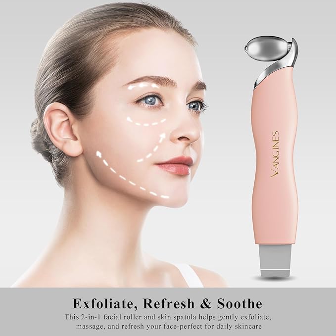 Vangines Blackhead Remover Tool with Ice Roller, Stainless Steel Face Scraper, Skin Scrubber Face Spatula for Deep Cleansing, 3-in-1 Skin Care Tool with 2 Silicone Brush Heads(Dusty Rose)