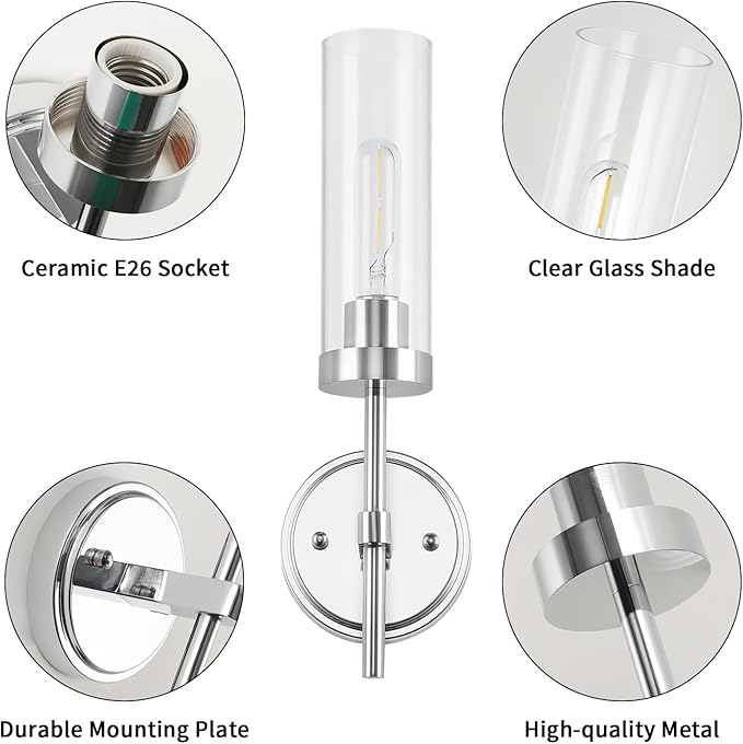 WILON Modern Wall Sconces Set of 2, Chrome Bathroom Light Fixture with Long Clear Glass Shades, Indoor Siver Wall Lamp for Vanity Mirror Bedroom Living Room Bedside Hallway Corridor Stairs