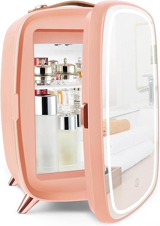 KFO Mini Skincare Fridge 6L – Beauty Fridge with Mirror & 3-Mode LED Light, Portable Cosmetic Cooler for Makeup Serums Creams, 43°F Cooling 20dB Quiet, Small Fridge for Bedroom Bathroom Office