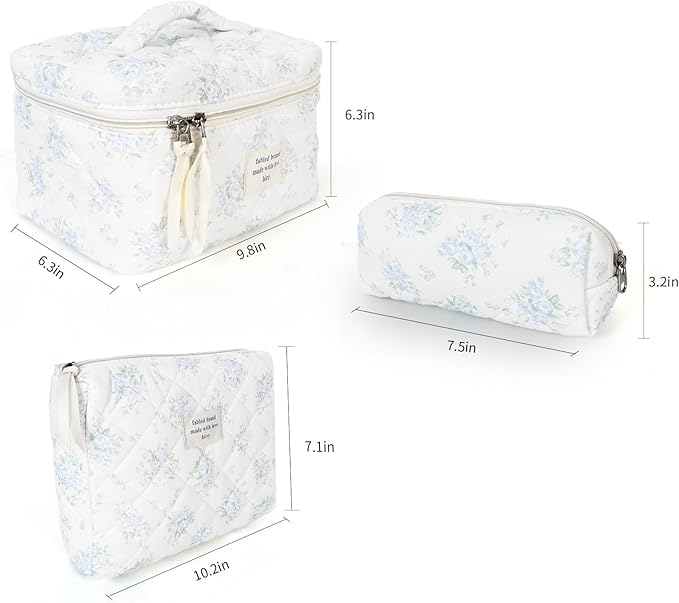 GISMTR 3Pcs Cotton Quilted Makeup Bag Large Travel Cosmetic Bag Coquette Makeup Pouch Cute Aesthetic Floral Toiletry Bag for Women Girls (flower-T)