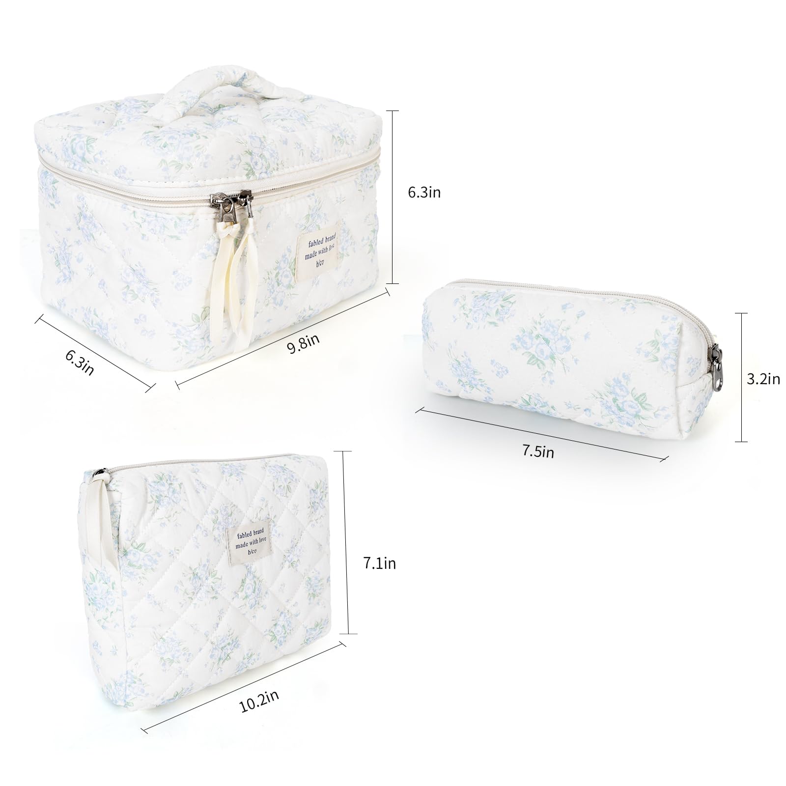 GISMTR 3Pcs Cotton Quilted Makeup Bag Large Travel Cosmetic Bag Coquette Makeup Pouch Cute Aesthetic Floral Toiletry Bag for Women Girls (flower-T)