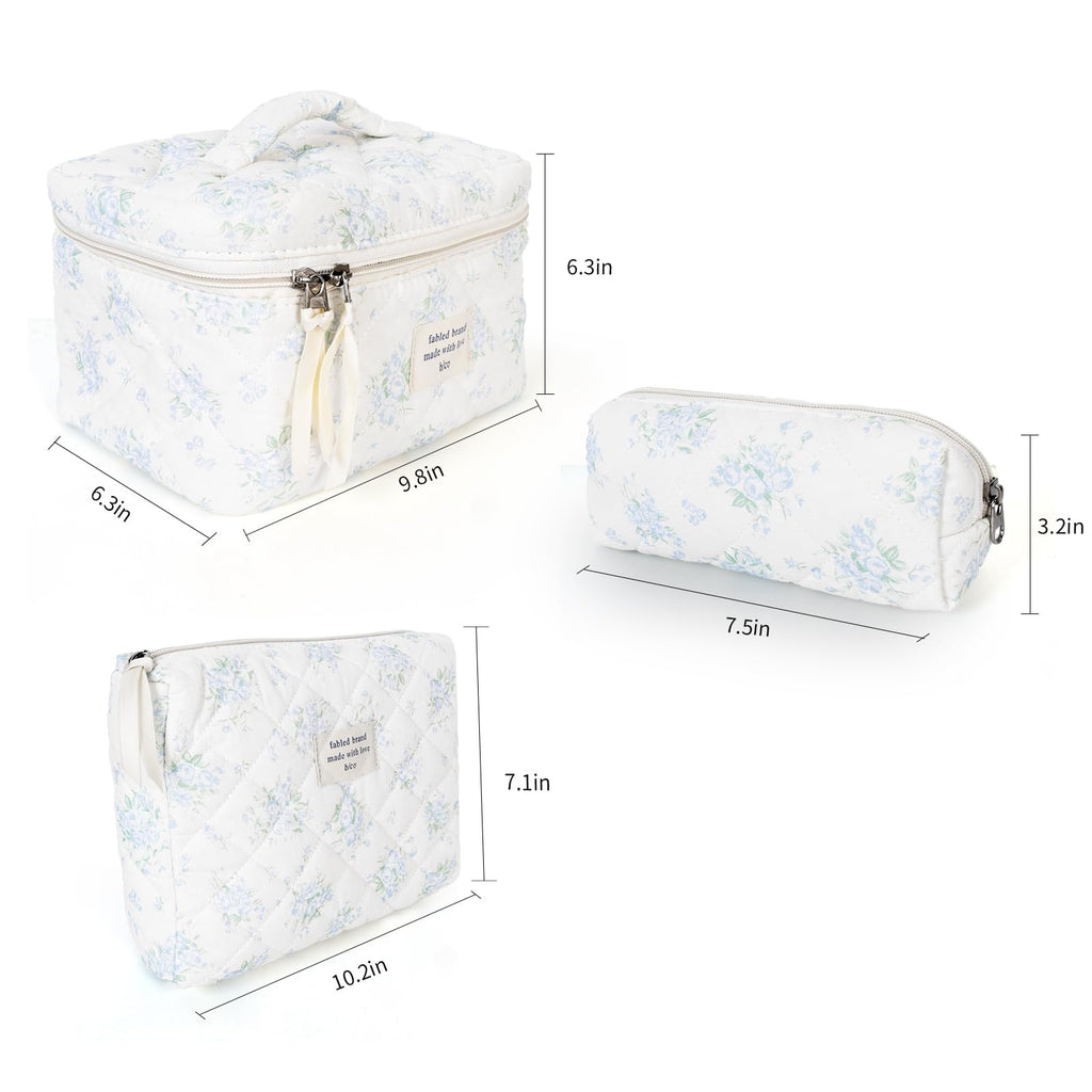 GISMTR 3Pcs Cotton Quilted Makeup Bag Large Travel Cosmetic Bag Coquette Makeup Pouch Cute Aesthetic Floral Toiletry Bag for Women Girls (flower-T)