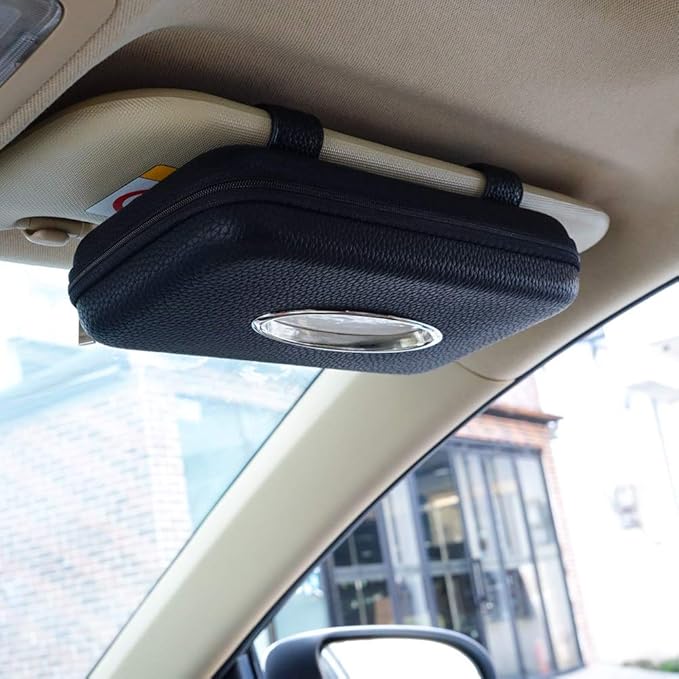Sun Visor Tissue Holder, Zipper Napkin Holder, PU Leather Backseat Tissue Case for Car, Vehicle (Black)