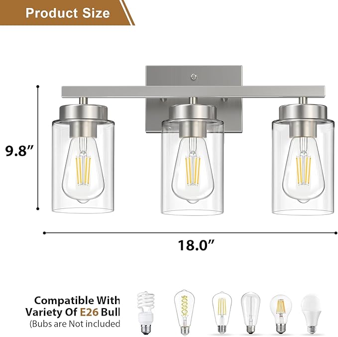 IZORRO Modern Bathroom Light Fixtures, 3 Light Brushed Nickel Vanity Lights, Bathroom Lighting Fixtures Over Mirror with Clear Glass for Living Room Cabinet Bedroom