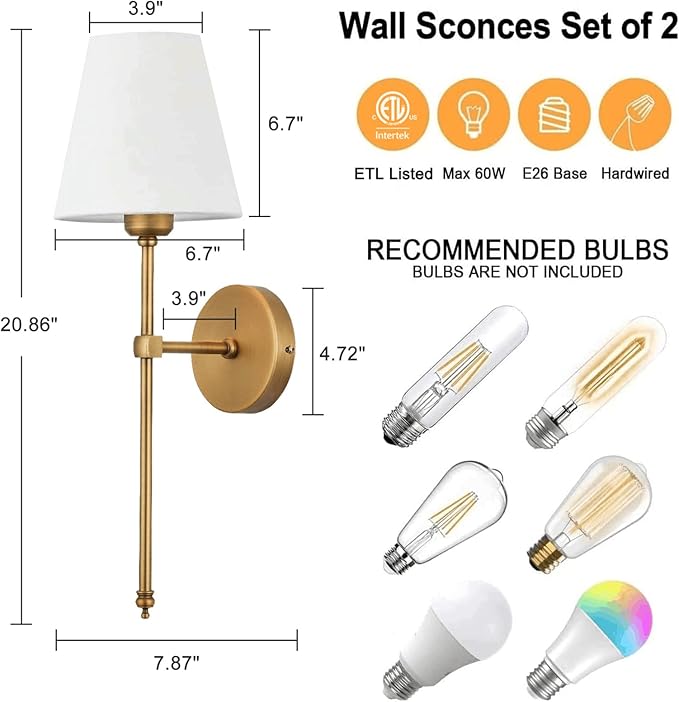 Bsmathom Wall Sconces Sets of 2, Hardwired Classic Brushed Brass Sconces Wall Lighting, Bathroom Vanity Light Fixture with Fabric Shade for Bedroom Living Room Hallway Kitchen, Gold