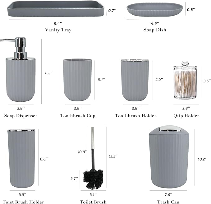 Grey Bathroom Accessories Set, 10Pcs Bathroom Accessory Sets Complete with Trash Can, Shower Curtain, Vanity Tray, Soap Dispenser, Soap Dish, Toothbrush Holder&Cup, Toilet Brush&Holder, Qtip Holder