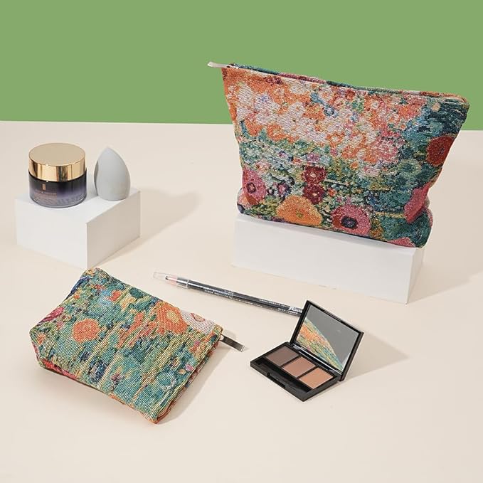 BOCGRPU 2 PCS Makeup Bag Small Cute Cosmetic Bags for Women，Floral Travel Toiletry Bag for Purse, Large Canvas Cosmetic Pouch Makeup Organizer Tool Pouch with Zipper（Oil Painting Garden）