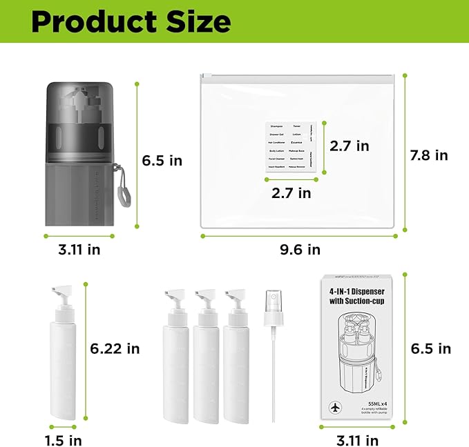 AnOis7ter 4 in 1 Travel Dispenser Bottle, TSA Approved Refillable Shampoo and Conditioner Bottles Set with Suction Cup for Smooth Walls, Travel Size Toiletries Container for Body Wash/Lotion.(Grey)