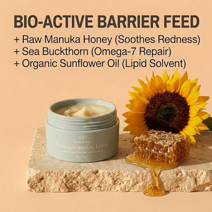 Boho Cleansing Balm - Hydrating Makeup Remover with Manuka Honey & Sea Buckthorn - Facial Cleansing Balm for Sensitive Skin - Removes Waterproof Makeup, Mascara & SPF - Travel Size Balm Cleanser 2 oz