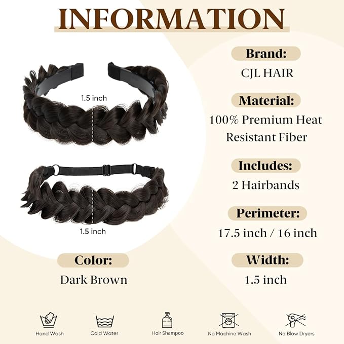 CJL HAIR 2PCs Braided Headbands Hair Piece for Women Synthetic Hair Hoops Head Bands Handmade Braid Hairband Accessories Elastic Stretch Headwrap Dark Brown