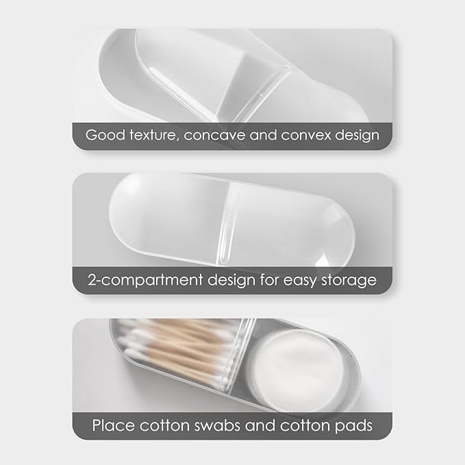 Adorila 2-Pack Travel Cotton Swab & Round Holder, 2-Compartment Organizer with Silicone Band Closure for Luggage & Weekend Tote (White, Grey)