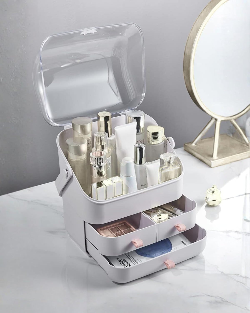 LINFIDITE Cosmetic Storage Box with Lid Makeup Organizer Box with Dust Free Cover Portable Handle,Large Makeup Display Case with Drawers Fully Open Lid,Great for Dresser Bathroom Countertop