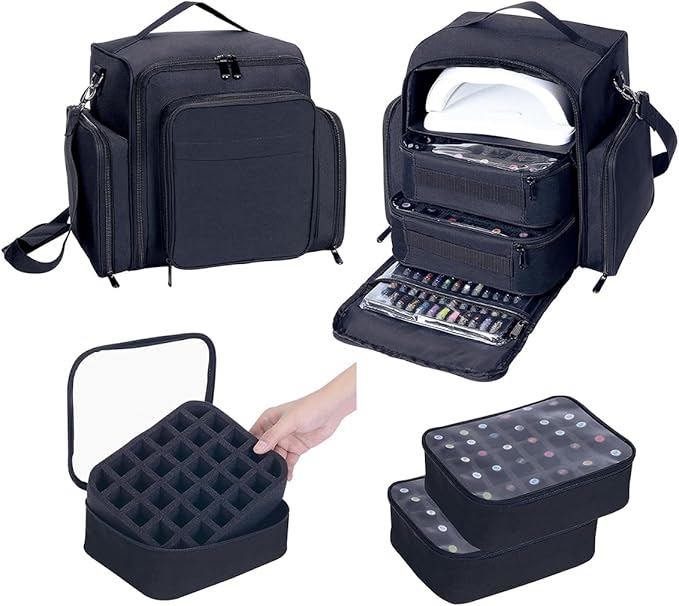 UOZL Nail Polish Organizer Case Hold 60 Bottles with 2 Detachable Bag,Black