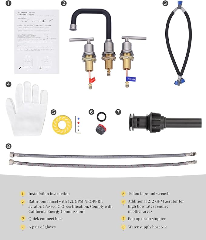 WOWOW 3 Hole Bathroom Faucet Widespread Bathroom Sink Faucet 8 inch, 3 Piece Vanity Tap with Drain, Brushed Nickel and Matte Black Tall Basin Tap 2 Handle