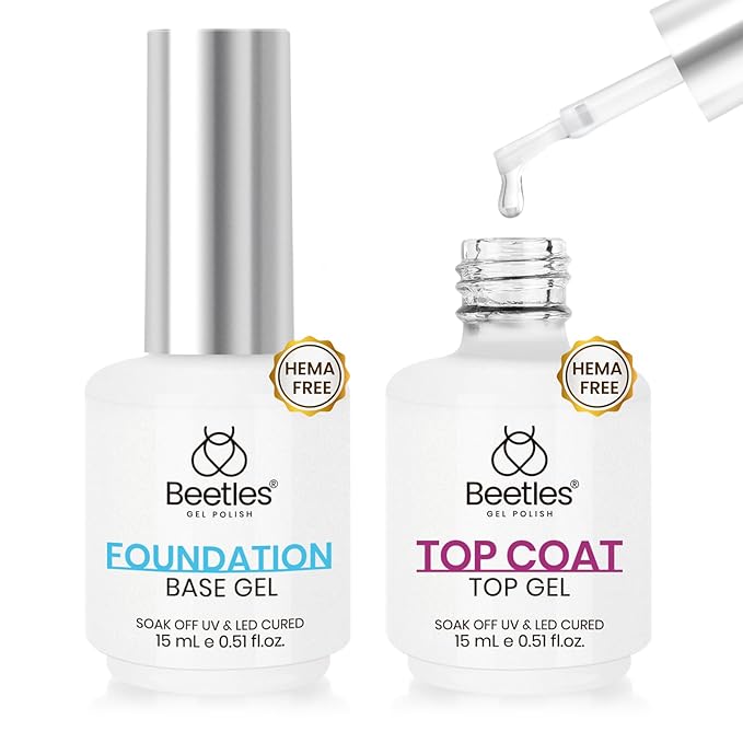 Beetles 2Pcs HEMA Free Base and Top Coat Set, No Wipe Glossy Finish, Upgraded Mild Formula, Long Lasting Soak Off Gel Nail Polish, No More Damaged Nails