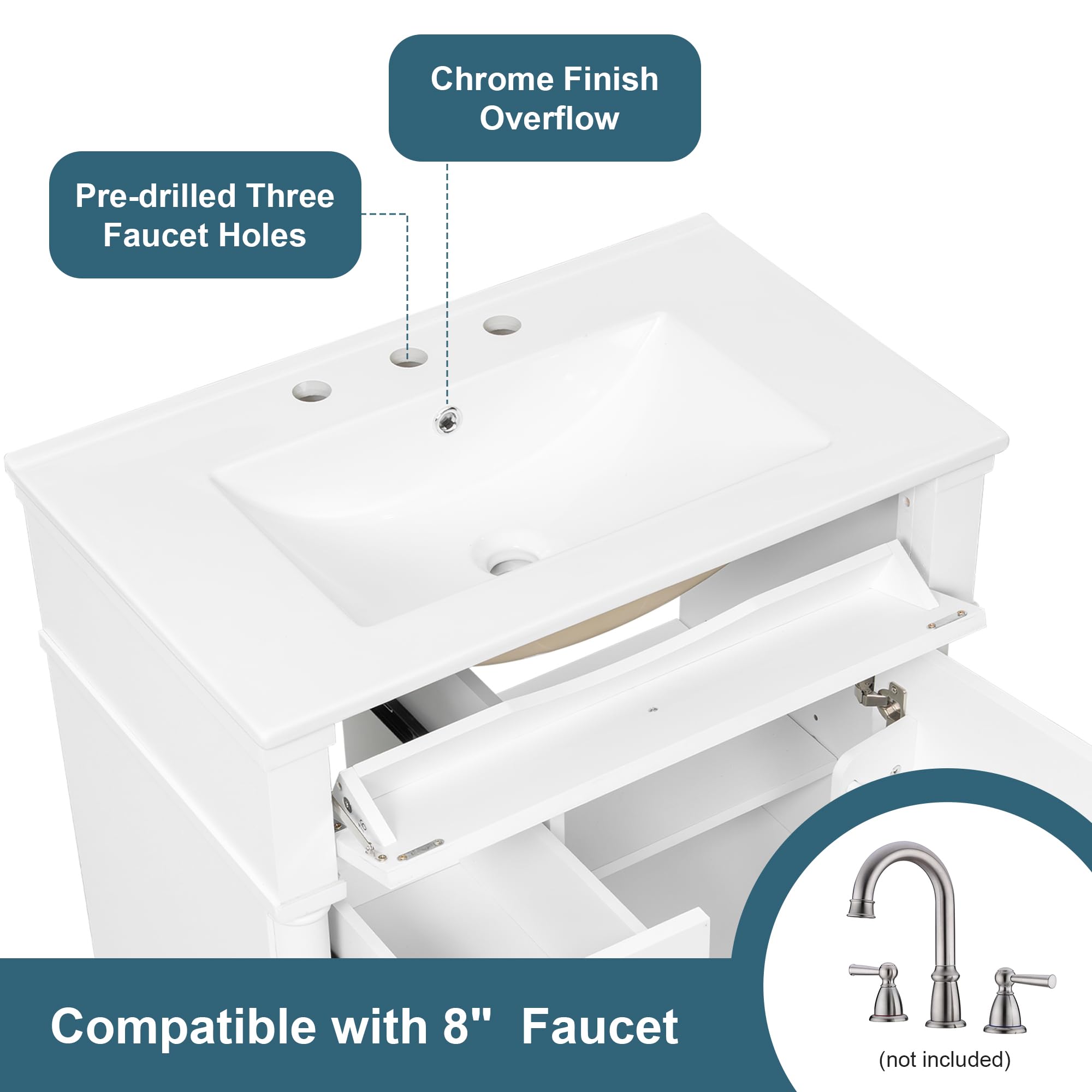 Harper & Bright Designs 30" Bathroom Vanity with Sink, Free Standing Bathroom Vanity Set with Flip Drawer, 2 Drawers, and Adjustable Shelf, Wood Storage Cabinet with Ceramic Basin for Bathroom, White