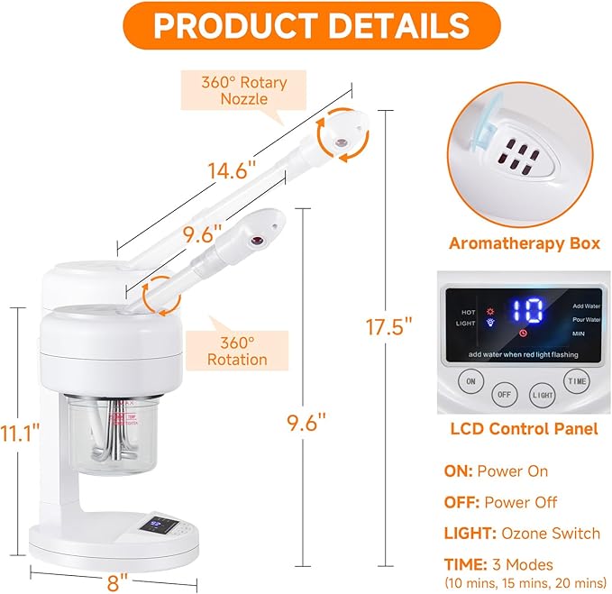 HeavenBird Ozone Facial Steamer, Portable Nano Ionic Face Steamer with LCD Screen, Extendable 360° Rotating Arm, Rotatable Nozzle, Hot Mist Function for Personal Care at Home or Salon