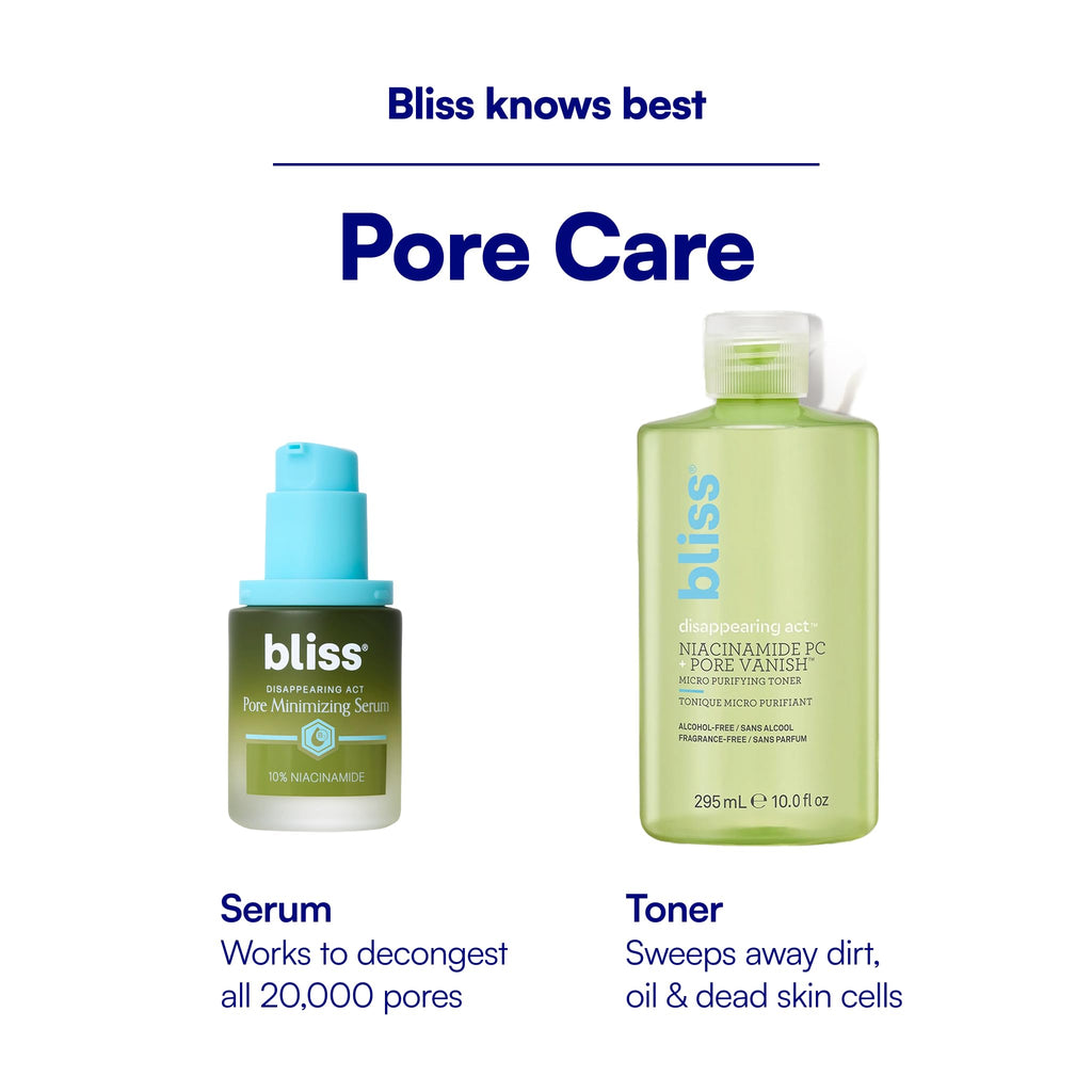 Bliss Disappearing Act Pore-Minimizing Serum – Niacinamide + Pore Vanish Complex with Green Tea – Refines Pores, Controls Oil & Targets Dark Spots for Smooth Glass Skin – 1 Fl Oz