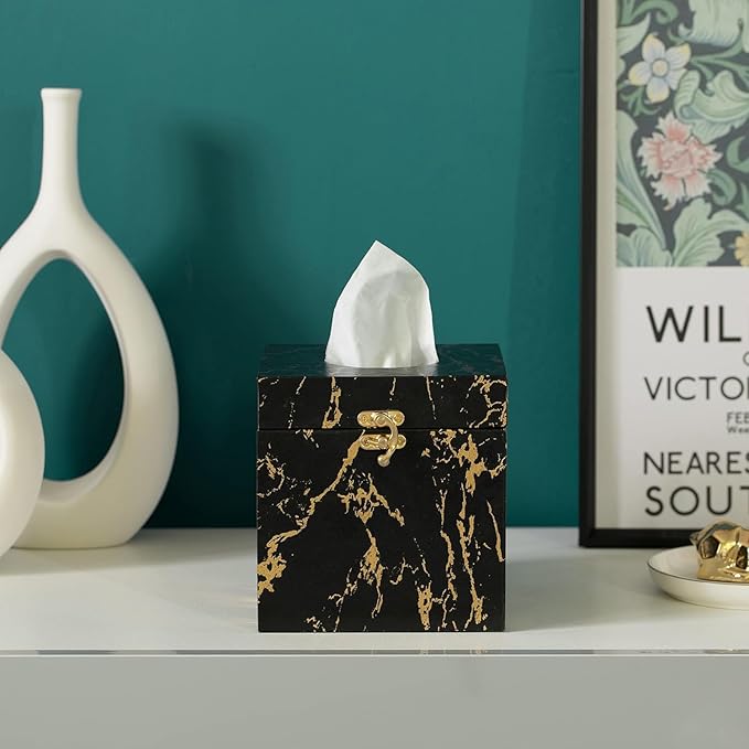 UPPER DECOR Black and Gold Marble Tissue Box Cover for Kleenex Box, Modern Elegant Tissue Box Holder with Lock for Bathroom, Bedroom, and Living Room, Square Shape Toilet Tissue Holder Organizer