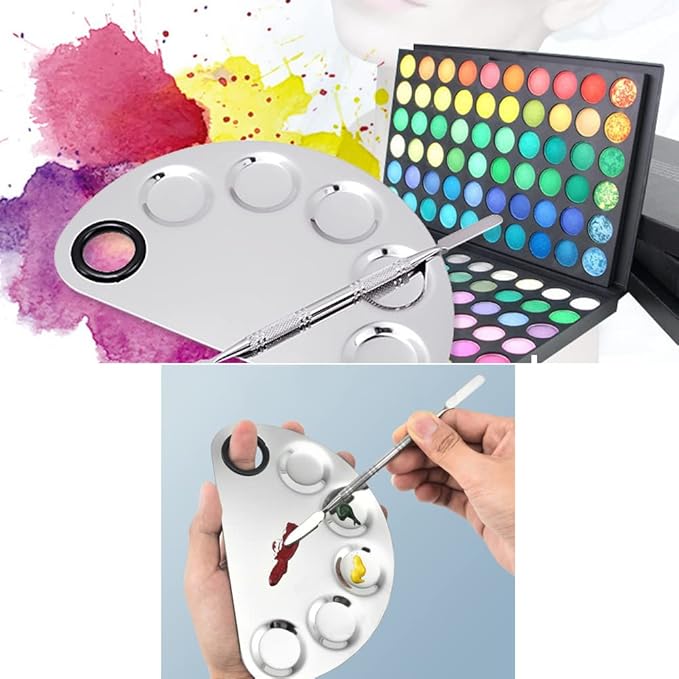 Angzhili 1 Pack Makeup Mixing Palette with Spatula Tool,6x3.9 Inches, Stainless Steel Cosmetic Mixing Palette, Makeup Artist Palette Tray for Mixing Foundations,Lipsticks,Eye Shadow,Nail Art