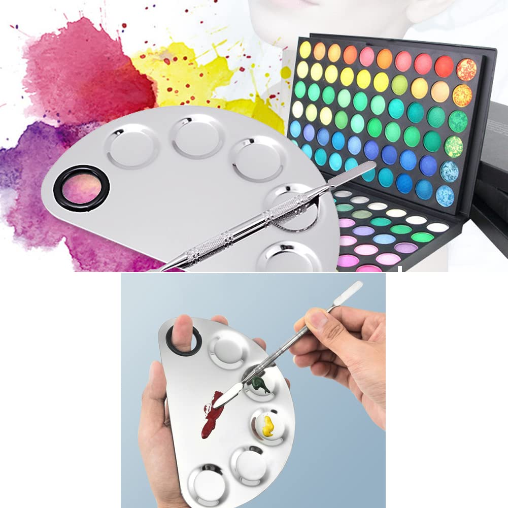 Angzhili 1 Pack Makeup Mixing Palette with Spatula Tool,6x3.9 Inches, Stainless Steel Cosmetic Mixing Palette, Makeup Artist Palette Tray for Mixing Foundations,Lipsticks,Eye Shadow,Nail Art