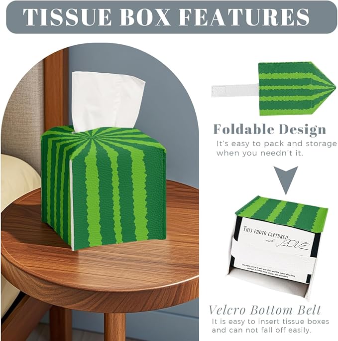 Funny Fruit Tissue Box Cover Summer Cute Green Watermelon Square PU Leather Waterproof Tissue Box Holder for Car Bathroom Bedroom Office Tabletop Decor