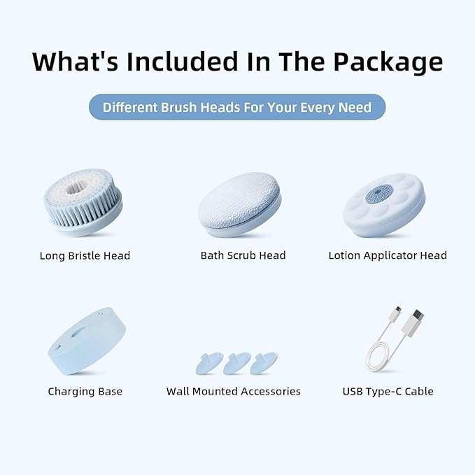 Oh,XIYU. Electric Body Brush Back Scrubber for Shower, Waterproof Long Dual Handle Power Body Scrubber with 3 Heads, Bath Brush & 2 Speeds, for Cleansing, Exfoliating and Massaging Skin, Sky Blue