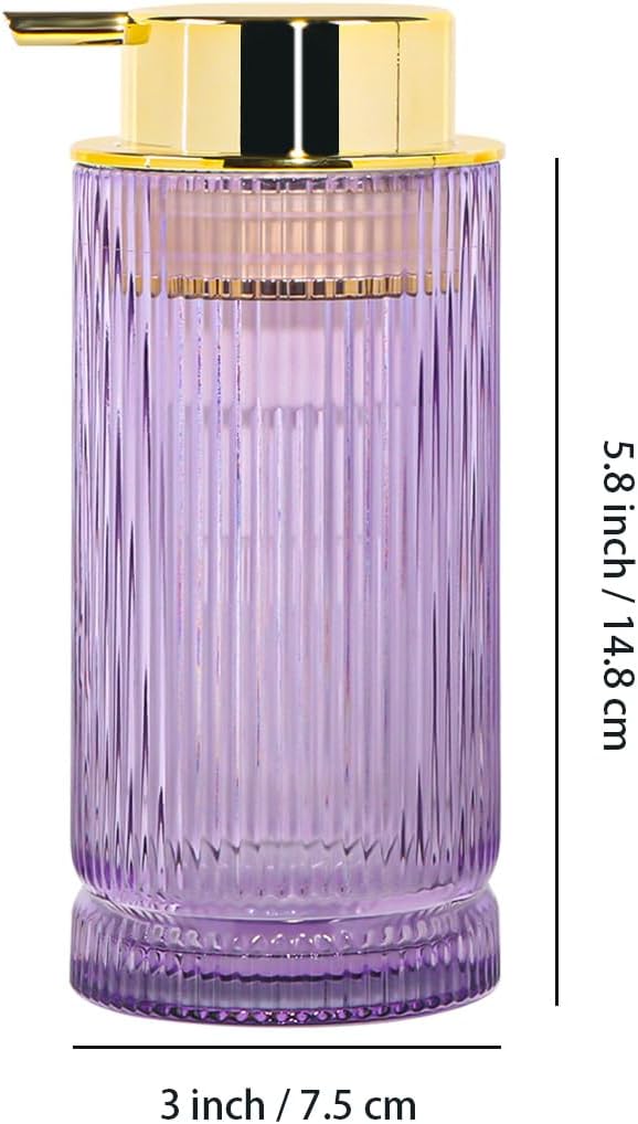 Tonxus Foaming Soap Dispenser, 14 Oz Glass Foam Hand Soap Dispenser with Gold Pump, Purple Bathroom Refillable Liquid Lotion Pump Container Ribbed Bottle for Kitchen Countertop Decor