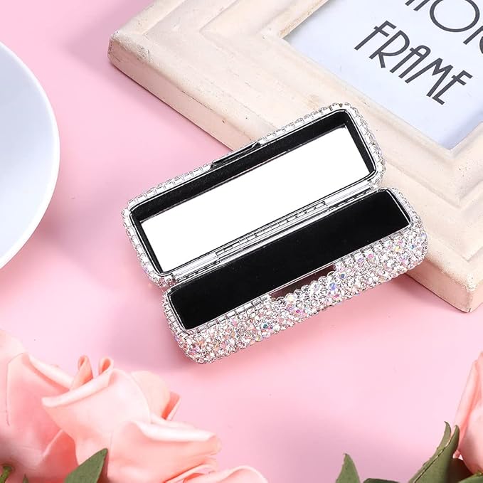 FuGuiHui Rhinestone Lipstick Case with Mirror Bling Crystal Lipstick Case 3.44x1.12x1.2in Diamonds Makeup Cosmetic Storage Box Holder for Purse(COLOR:White)