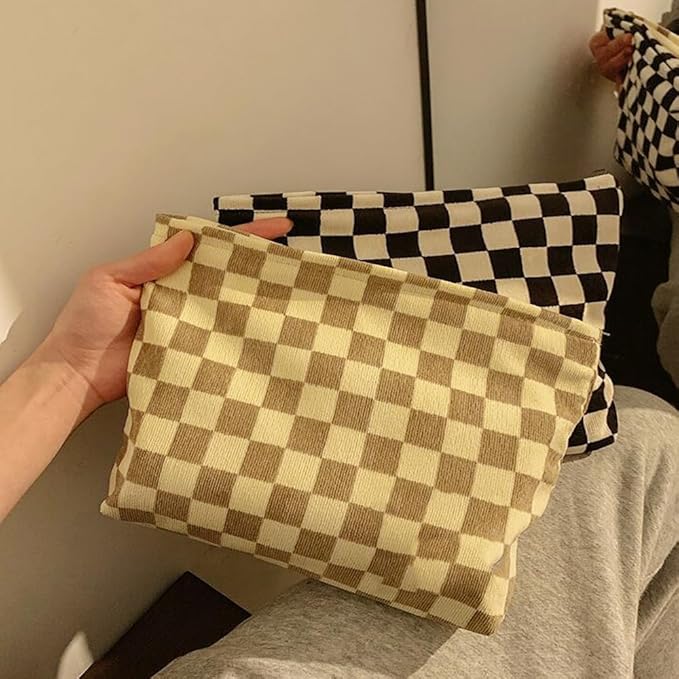 SxoSyo Checkered Cosmetic Bags, Canvas Makeup Bag Purse, Beige