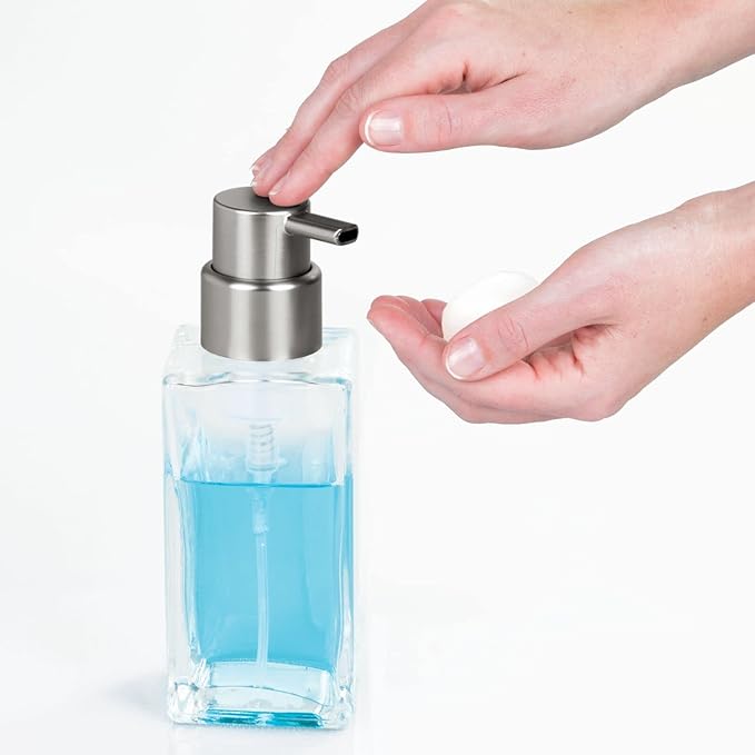 mDesign Glass Refillable Foaming Hand Soap Dispenser Modern Square Pump Bottle for Bathroom Vanity or Kitchen Sink, Countertops - Casi Collection - 2 Pack - Blue/Brushed, Clear/Brushed