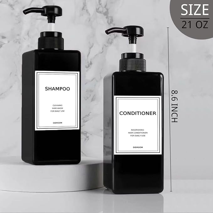 Modern Shampoo and Conditioner Dispenser (21 oz, Pack of 3) Refillable Pump Bottle Set Empty Shower Plastic Bottles with Pump for Bathroom Body Wash Soap and Shower (Black)