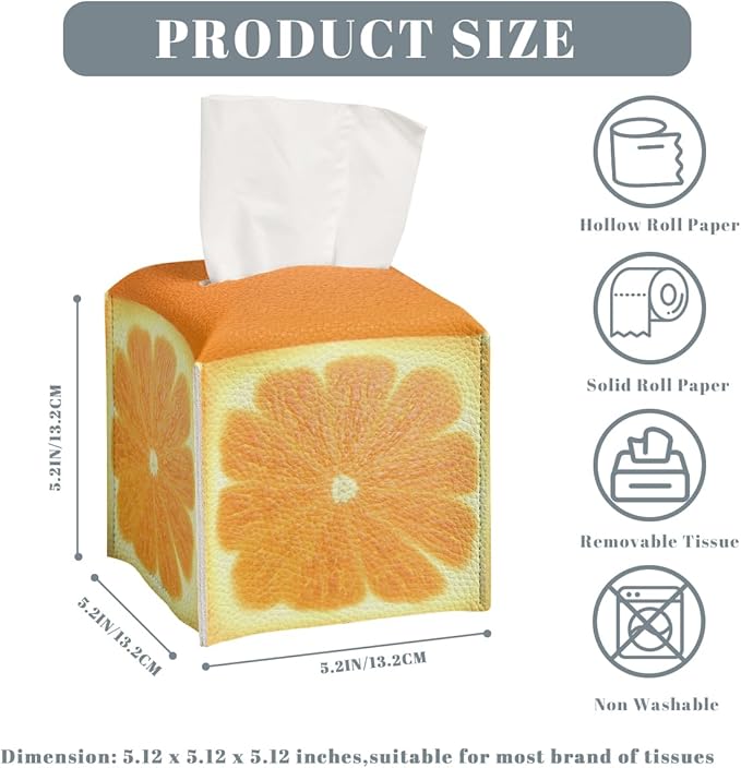 Cute Fruit Tissue Box Cover Funny Orange Citrus Square PU Leather Waterproof Tissue Box Holder for Bathroom Kitchen Bedroom Vanity Countertop Night Stands