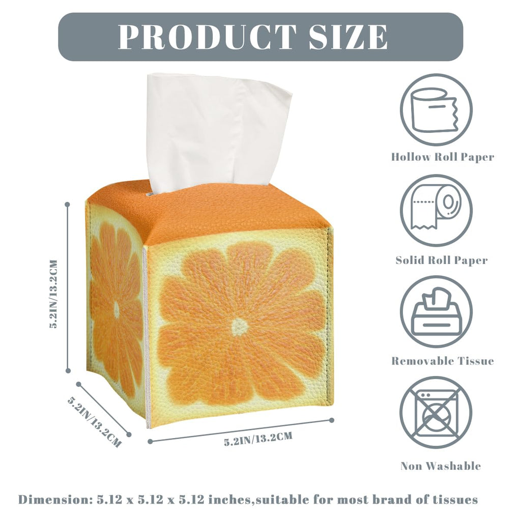 Cute Fruit Tissue Box Cover Funny Orange Citrus Square PU Leather Waterproof Tissue Box Holder for Bathroom Kitchen Bedroom Vanity Countertop Night Stands