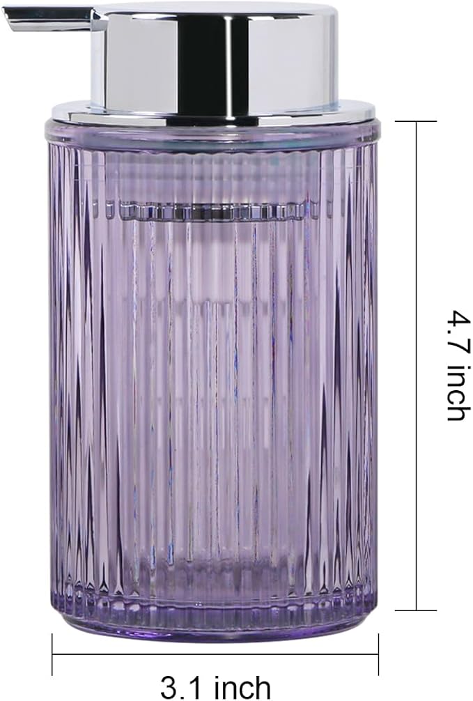 Tonxus Foaming Soap Dispenser, 12 Oz Purple Glass Foam Hand Soap Dispenser, Refillable Glass Foam Pump Bottle Container Decorative Slim Ribbed Bottle for Bathroom and Kitchen