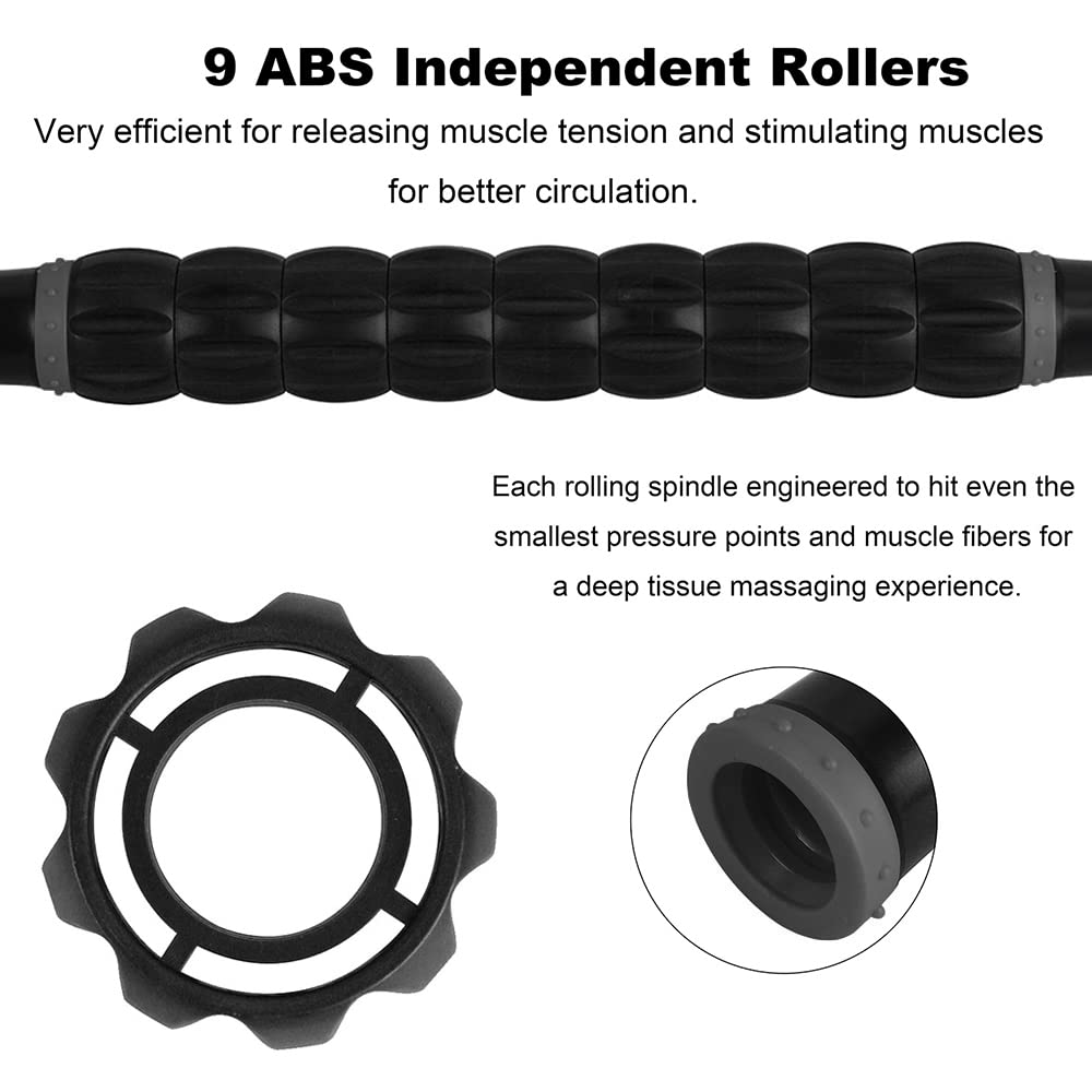 YANSYI Professional 9-Roller Deep Tissue Massage Stick - Portable Muscle Recovery Roller for Athletes, Relieves Post-Workout Soreness & Leg/Back Pain - Portable Physio Tool (Gray)