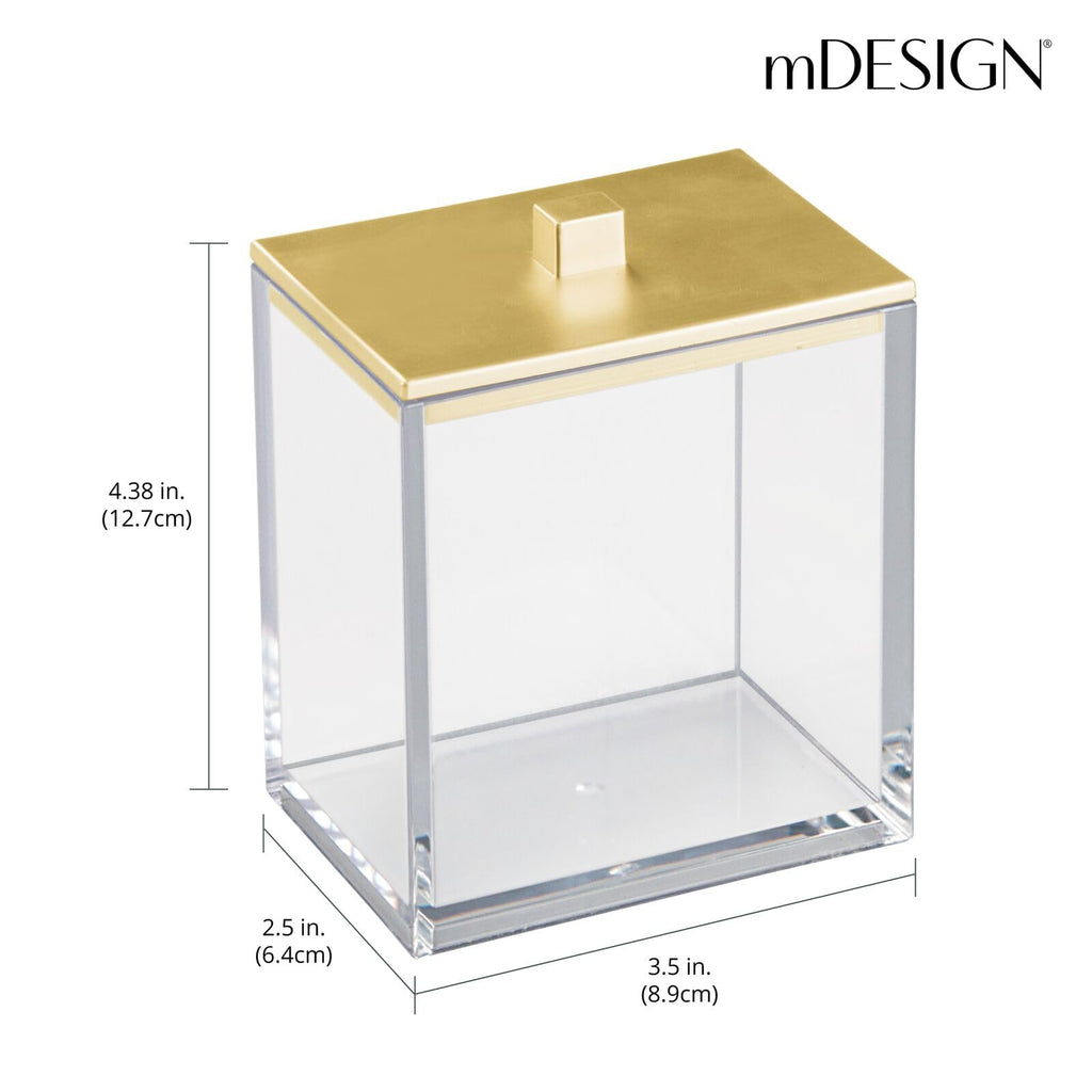 mDesign Plastic Rectangle Apothecary Canister - Organizer for Bathroom Vanity Countertop Shelf Decor - Holds Cotton Swabs, Soap, Makeup, Bath Salts - Lumiere Collection - 2 Pack - Clear/Gold