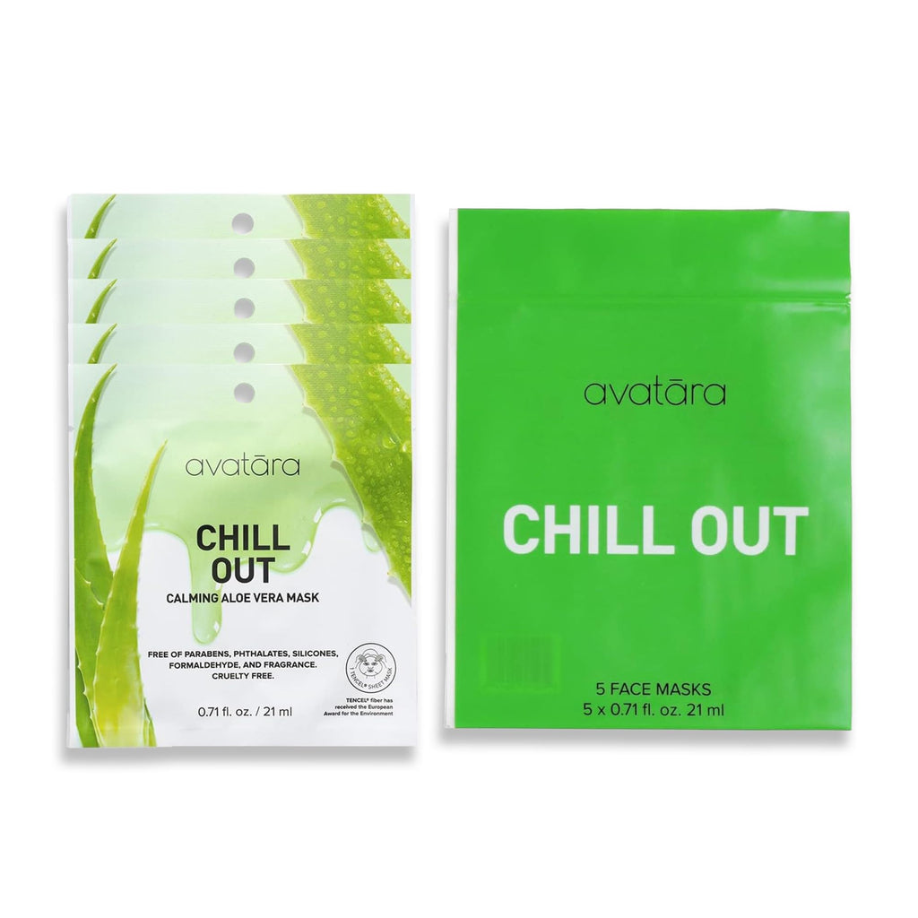 Avatara Chill Out Facial Mask 5 Sheets, Hydrating Mask, Sheet Masks, Face Mask Skincare Beauty Essential Made with Hydrating Hyaluronic Acid & Moisturizing Aloe, for Stressed-Out Skin, 5 Pack