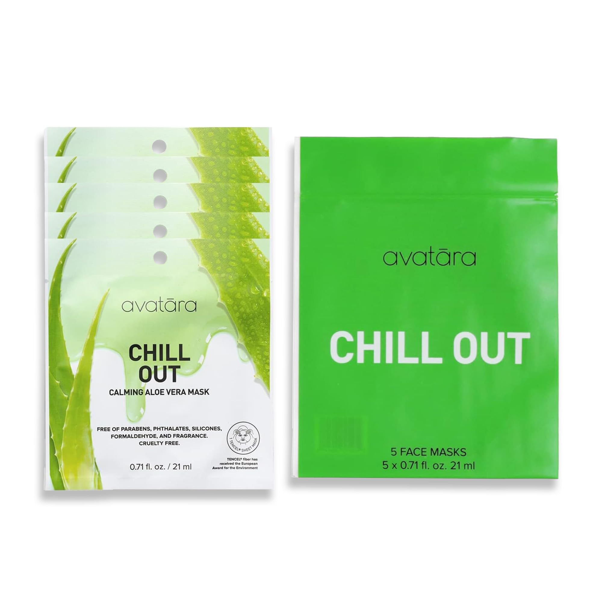 Avatara Chill Out Facial Mask 5 Sheets, Hydrating Mask, Sheet Masks, Face Mask Skincare Beauty Essential Made with Hydrating Hyaluronic Acid & Moisturizing Aloe, for Stressed-Out Skin, 5 Pack