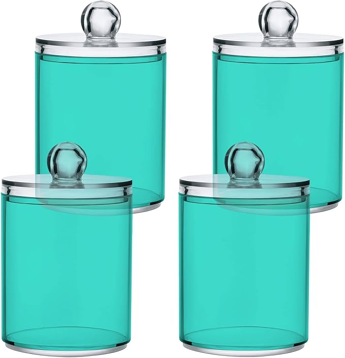 Turquoise Qtip Holder Organizer Dispenser Cotton Swabs Cans Plastic Jars with Lid Set 2 Pack Bathroom Storage Canister for Cotton Ball Floss Cotton Pads